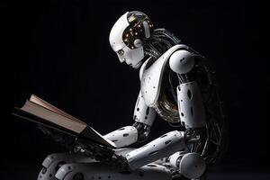 Robotic cyborg pressing robot is sitting and reading a book artificial intelligence banner place text. photo