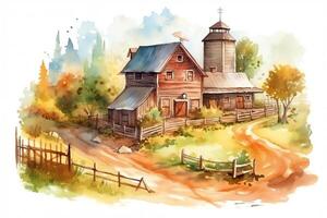 Watercolor cute farm with barn granary hay shovel wooden fence hill tree grass. photo