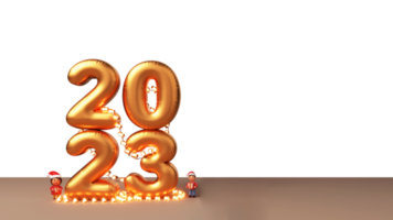 3d dourado balão 2023 número decorado com iluminação festão e desenho animado crianças segurando presente caixas dentro santa chapéu. png