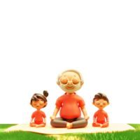 3D Render of Old Man Meditating And His Grandkids For International Yoga Day. png