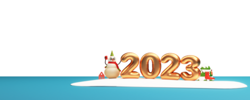 3D Golden Balloon 2023 Number With Snowman Enjoying Drink, House, Funny Santa Sock, Snowy Xmas Tree And Copy Space. png