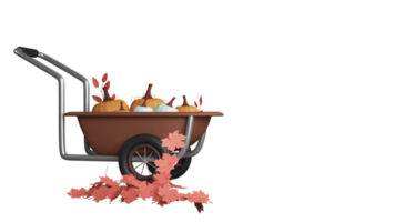 3D Render of Wheelbarrow, Full Of Pumpkins and Autumn Leaves for Thanks Giving Festival Celebrations. png