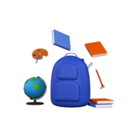 3D Render Of School Supplies, Bag, Books, Colouring Plate and World Map Globe and Space for your text. png