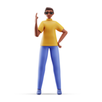 3d hacer de dibujos animados joven hombre en pie en balanceo pose. png