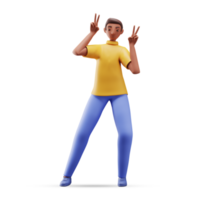 3D Cartoon Young Man Showing Peace Sign In Standing Pose. png