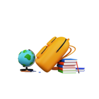 3d rendre de école fournitures, sac, livres et monde carte globe et espace pour votre texte. png