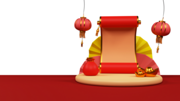 3D Render of Scroll Paper With Chinese Lanterns, Ingots, Coins Bag, Accordion Fold Round Paper And Copy Space. png