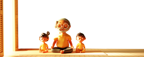 3D Render of Grandfather And Grandkids Meditating At Mat In Sitting Pose. png