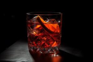 Glass of negroni cocktail on black background render. photo