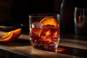 A handcrafted negroni drink complete with ice and an orange slice sitting on a wooden table in a vertical closeup. photo