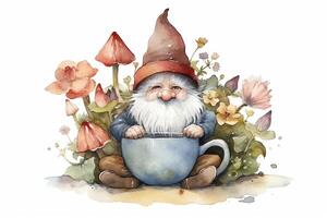 Garden gnome with coffee mug and flowers watercolor illustration coffee lovers. photo