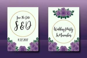 Wedding invitation frame set, floral watercolor Digital hand drawn Purple Rose Flower design Invitation Card Template vector