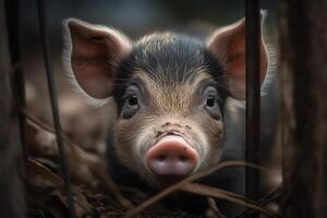 Little pretty baby pig peeking out from behind fence at pig farm. photo