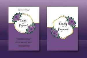 Wedding invitation frame set, floral watercolor Digital hand drawn Purple Rose Flower design Invitation Card Template vector
