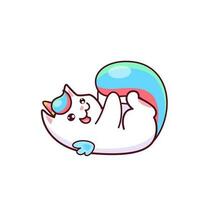 Cartoon cute kawaii caticorn playing with tail vector