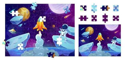 Jigsaw puzzle space game astronaut and spaceship vector