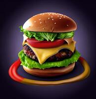 Exploding beef burger with vegetables and melted cheese on black background photo