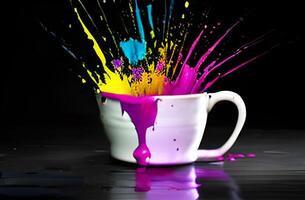 White cup with colorful splash on dark background Photo