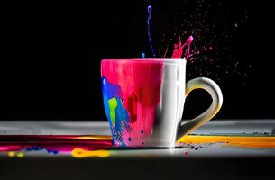 White cup with colorful splash on dark background Photo