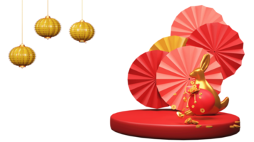 3D Chinese Coin Bag With Golden Rabbit Over Podium, Hanging Lanterns, Accordion Paper Flowers And Copy Space. png