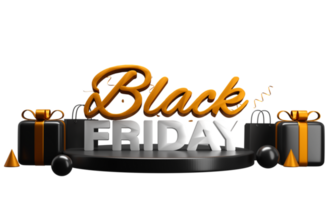 3D Render Of Black Friday Font Over Podium With Glossy Gift Boxes, Shopping Bags, Balls, Cone Shape Decorated Background. Advertising Banner Design. png