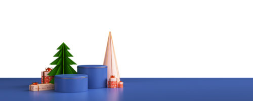 3D Render Of Green Paper Cut Xmas Tree With Gift Boxes, Cone And Empty Podiums. png