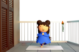 3D Young Girl Practicing Yoga Vrikshasana At Balcony With Plant Pots Illustration. png