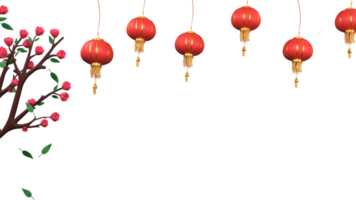 3d framställa av hängande kinesisk lyktor med blomma gren och kopia Plats. png