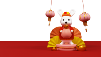 3D Render of Cartoon Rabbit Holding Coin Bag Over Podium With Ingots, Hanging Chinese Lanterns, Origami Paper Fans And Copy Space. png