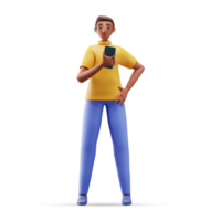 3D Render of Cartoon Young Man Holding Smartphone In Standing Pose. png