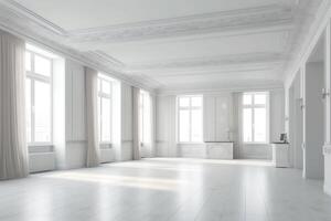 3D render and room decoration of large bright empty room without a ceiling. photo
