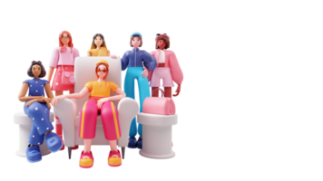 3D Cartoon Young Ladies Group Illustration And Copy Space. png
