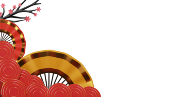 3D Render Of Chinese Fans With Round Shapes, Sakura Branch And Copy Space. png