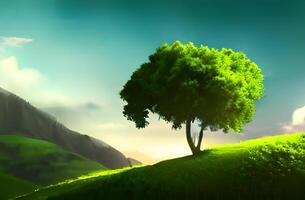 Tree in a field with a green background and a blue sky photo