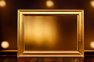 Golden frame on a wooden wall photo