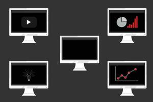 A set of computer screens with a white frame showing an ascending curve graph vector