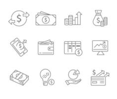 Infographic icon set for business. 12 Finance web icon collection. Thin outline icons pack bundle, vector icon infographic.