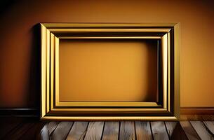 Golden frame on a wooden wall photo