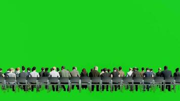isolado grupo do público sentado em cadeira dentro traseiro ver,3d pessoas animação em verde tela fundo croma chave video