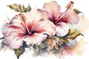 Handdrawn watercolor floral illustration of the tender white with pink hibiscus flowers natural drawing isolated on the white background romantic tropical blossom. photo