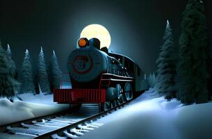 Winter night Polar express train riding on rails created photo