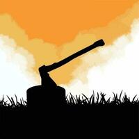 Isolated wooden axe stuck on wooden stump vector black silhouette on grass and evening orange sky background. Simple flat concepted digital art style drawing.