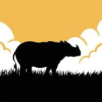 Rhinoceros badak wild animal vector silhouette isolated on orange evening sky and grass background. Simple flat art styled illustration on square template. Zoo wild life drawing.