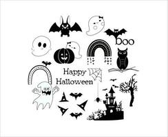 Bundle of silhouettes of Halloween on a white background. Vector illustrations, Happy Halloween design elements.