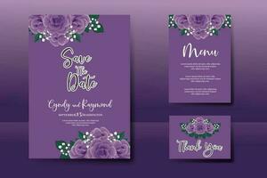 Wedding invitation frame set, floral watercolor Digital hand drawn Purple Rose Flower design Invitation Card Template vector