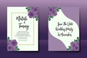 Wedding invitation frame set, floral watercolor Digital hand drawn Purple Rose Flower design Invitation Card Template vector