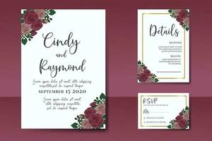 Wedding invitation frame set, floral watercolor Digital hand drawn Maroon Rose Flower design Invitation Card Template vector