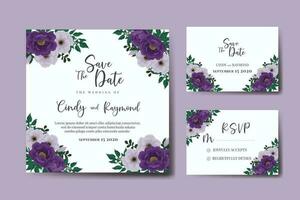 Wedding invitation frame set, floral watercolor Digital hand drawn Purple Peony Flower design Invitation Card Template vector