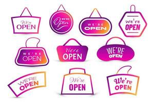 We Are Open, Text Collection for Sticker, Flyer, Header, Banner, Advertisement, and Announcement vector