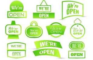 We Are Open, Text Collection for Sticker, Flyer, Header, Banner, Advertisement, and Announcement vector